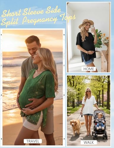 Ekouaer Maternity Shirts 3 Pack Oversized Pregnancy Tops Summer Clothes - color: 3 Pcs Black/ White/ Boho Green Floral, size: Large