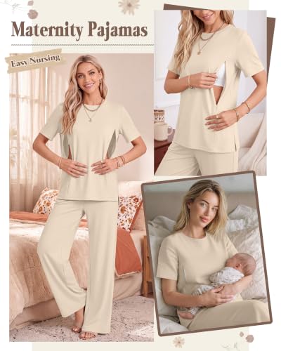 2Pc Postpartum Nursing Pajamas Set - color: Apricot, size: Medium