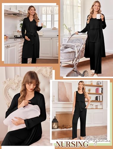 Maternity Sets Labor and Delivery Gown Postpartum Essentials Nursing Pajama - color: Black, size: Small