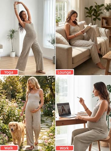 BLENCOT Maternity Ribbed Jumpsuit Stretchy One Piece Wide Leg Romper - color: Apricot, size: X-Large