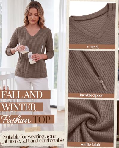 Huukeay 3 Pack Women's Waffle Knit Nursing Shirts - color: Coffee, Army Green, Black, size: Medium
