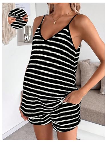 MakeMeChic Women's Maternity 2 Piece Striped Shorts Set - color: Black, size: Large