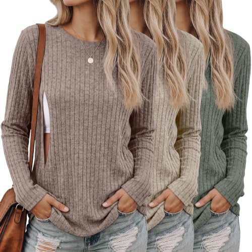 3 Pack Maternity Nursing Ribbed Long Sleeve Tops - color: Army Green, Apricot, Coffee, size: Large