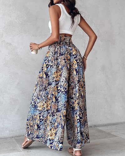 CHICME Womens Boho High Waisted Wide Leg Palazzo Pants Beach Vacation Wear - color: A-blue, size: Small