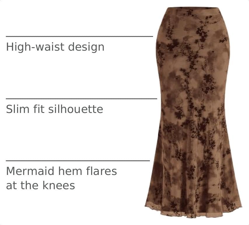 BTFBM Womens Floral Mesh Maxi Skirts - color: Brown, size: XX-Large