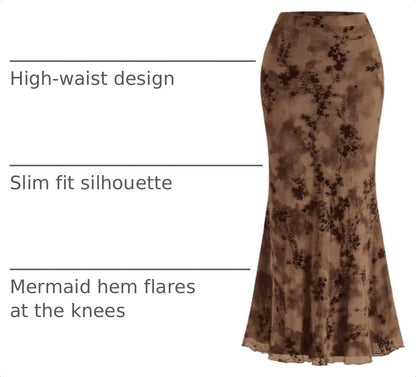 BTFBM Womens Floral Mesh Maxi Skirts - color: Brown, size: XX-Large