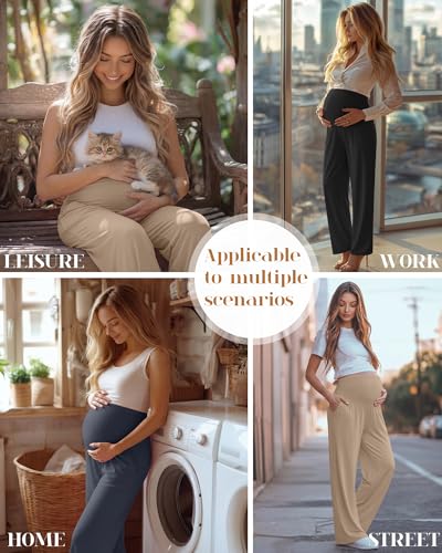 3 Pack Women's Maternity Lounge Pants with Pockets - color: Black, Charcoal Gray, Khaki, size: X-Large