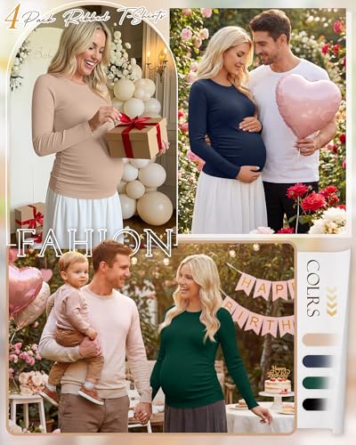 Ficerd 4 Pack Women's Maternity Shirts Long Sleeve Pregnancy Top - color: Black, Dark Green, Navy Blue, Khaki, size: Large