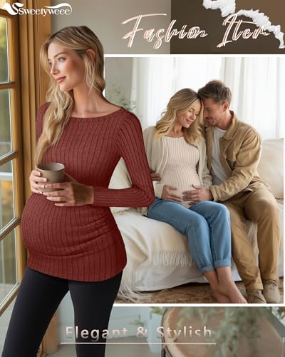 3 Pack Maternity Sweaters Long Sleeve Pregnancy Tops - color: Dark Pumpkin, Apricot, Black, size: Large
