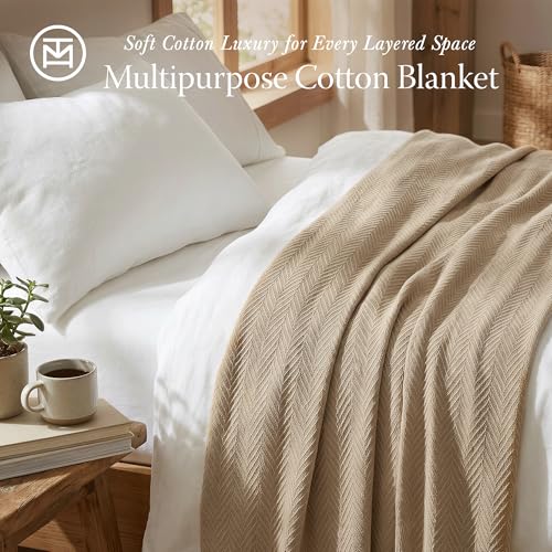 Threadmill Luxury 100% Cotton Queen Herringbone Blanket, Beige - color: Beige, size: Queen (90" x 92")