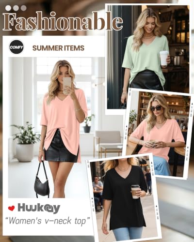 Huukeay 3 Pack Oversized Shirts for Women V Neck - color: Black, Bean Paste Green, Light Orange, size: XX-Large