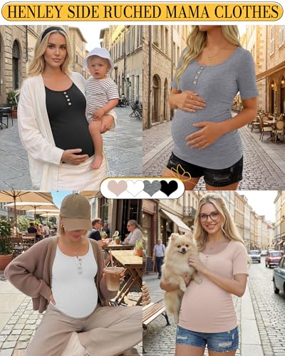 4 Pack Womens Short Sleeve Maternity Shirts - color: Black, Light Gray, White, Dirty Pink, size: Medium