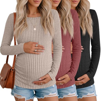 3 Pack Maternity Sweaters Long Sleeve Pregnancy Tops - color: Light Brown, Brick Red, Black, size: X-Large
