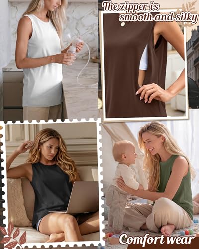 4 Pack Women Nursing Tank Tops Breastfeeding - color: Army Green, Brown, White, Black, size: Medium