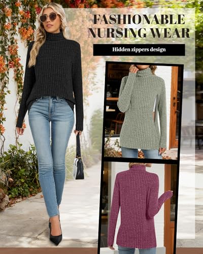 3 Pack Womens Turtleneck Nursing Tops Ribbed Sweaters - color: Wine Red, Gray Green, Black, size: Large