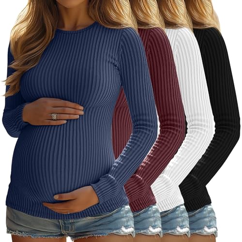 4 Pack Womens Ribbed Maternity Shirts Slim Fit Tops - color: Blue, Wine Red, White, Black, size: Large