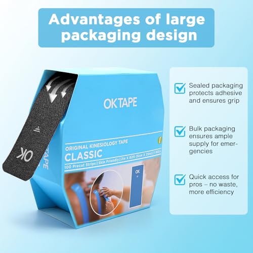 OK TAPE Kinesiology Tape 100 PCS Precut Elastic Strips Bulk 2inx10in/PCS - color: Black, size: 100 PCS