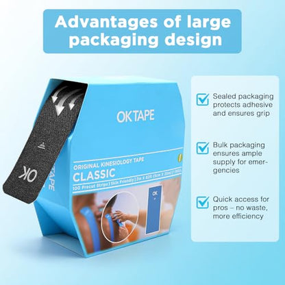 OK TAPE Kinesiology Tape 100 PCS Precut Elastic Strips Bulk 2inx10in/PCS - color: Black, size: 100 PCS