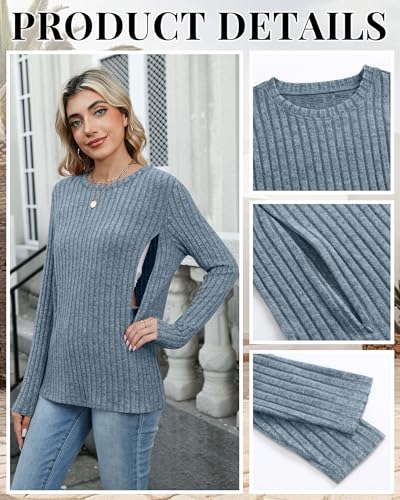 Womens Maternity Nursing Breastfeeding Ribbed Shirt - color: Blue, size: Large
