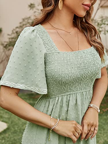 Glamaker Women's Short Sleeve Smocked Square Neck A Line Summer Flowy Maxi Long Dress - color: 01-green, size: X-Large