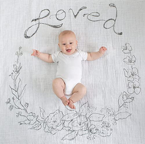 Amazing Baby – Swaddle Studio 3pk – Loved, Floral Milestone & Sensory Muslin Swaddle Blankets, Butterflies and Bitty Flowers - Black & White for Baby's Visual Development - color: Loved Wreath, 3 Pack, size: 3 pack