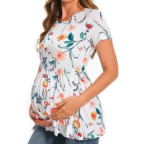 Bearsland Short Sleeve Maternity Top - color: Green & Light Grey & White Flower, size: Small