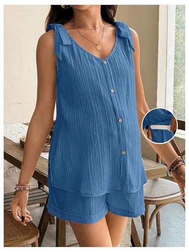 OYOANGLE Women's 2 Piece Maternity Set Textured Tie Shoulder Lounge Outfits - color: Blue, size: X-Small