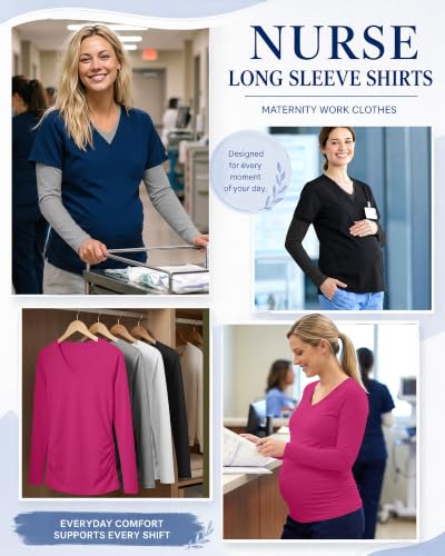 Neer 4 Pack Maternity Long Sleeve V Neck Under Scrub Tops - color: Black, White, Light Heather Gray, Rose Red, size: Medium