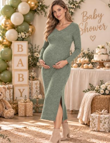 LAHILO Long Sleeve Maternity Sweater Dress for Fall Winter Baby Shower - color: Greenish Gray, size: Medium
