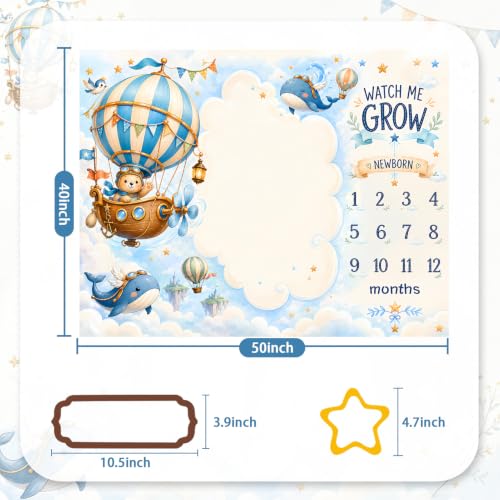 Hot Air Balloon Bear Baby Milestone Blanket, Sky Adventure Whale Floating Island 1-12 Months Growth Photography Backdrop, Blue Boy Gender Neutral Newborn Photo Prop, 50x40 Inch - color: Hot Air Balloon