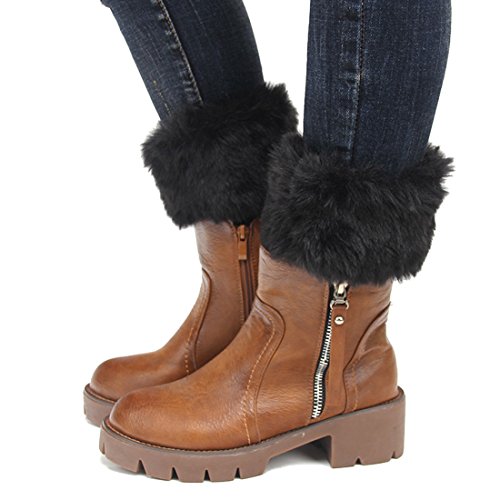 Womens Fur Trim Boot Cuff Top Cover Leg Warmers - color: Black