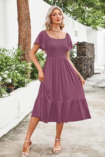 AUSELILY Women's Summer Smocked Short Sleeve Midi Dress 2026 - color: Mauve, size: X-Large