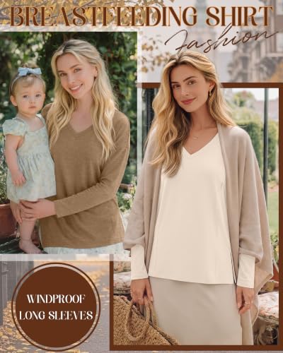 Riyiper 3 Pack Women's Nursing Shirts for Breastfeeding - color: Haze Blue, Camel, Cream, size: Medium