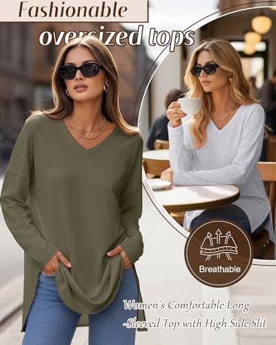 Huukeay 3 Pack Women's Oversized Long Sleeve V Neck Shirts - color: Black, Gray, Army Green, size: Medium