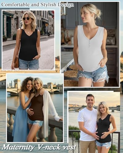 3 Pack Women Maternity Henley Tank Tops - color: Black, White, Coffee, size: X-Large