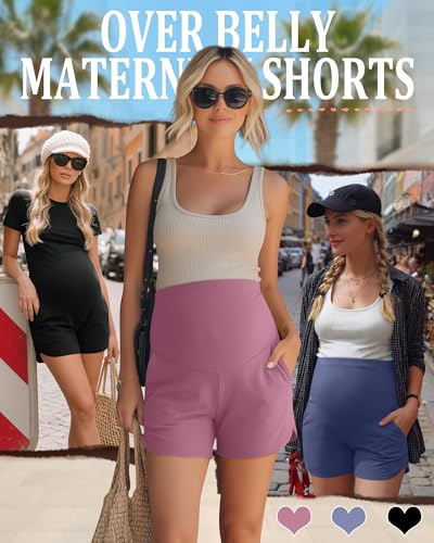 3 Pack Women's Maternity Shorts - color: Black, Haze Blue, Rose Pink, size: X-Large
