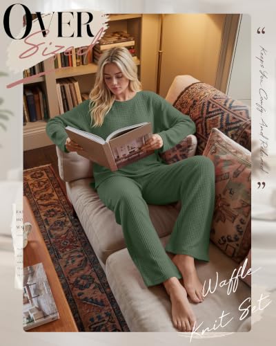 Huukeay Women's Maternity 2 Piece Waffle Outfits Lounge Set - color: Gray Green, size: X-Large