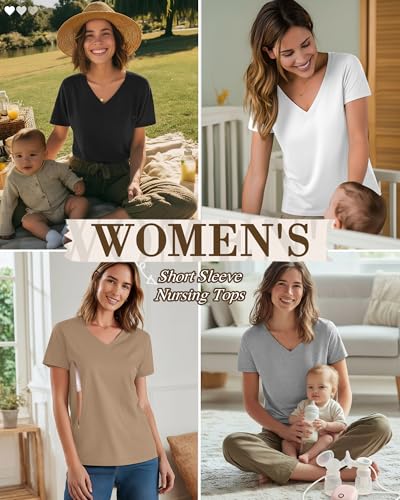 4 Pack Women's Nursing Maternity Shirts - color: Black, Light Gray, White, Khaki, size: Large