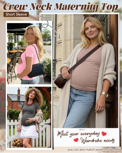 Huukeay 4 Pack Women's Short Sleeve Maternity Tops - color: Beige, Khaki, Light Pink, Dark Heather Gray, size: Medium