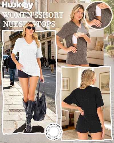 Huukeay 3 Pack Women's V Neck Nursing T-Shirts - color: Light Coffee, White, Black, size: X-Large