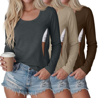 3 Pack Women's Long Sleeve Nursing Tops - color: Dark Gray, Light Camel, Dark Brown, size: Small