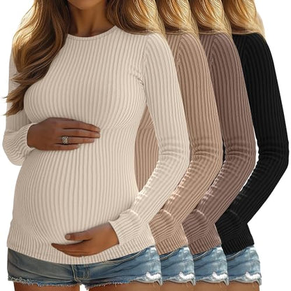4 Pack Womens Ribbed Maternity Shirts Slim Fit Tops - color: Apricot, Khaki, Coffee, Black, size: Medium