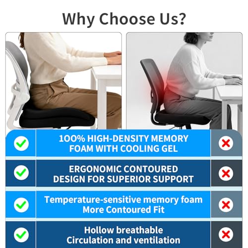 Memory Foam Ergonomic Seat Cushion for Office Chairs Pain Relief - color: Charcoal Black Mesh