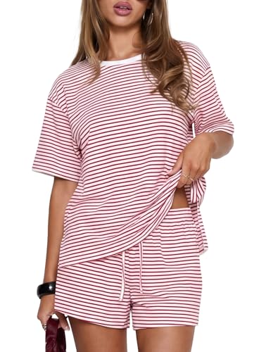 Darong Womens Striped 2 Piece Summer Lounge Sets - color: Red Stripe, size: X-Large
