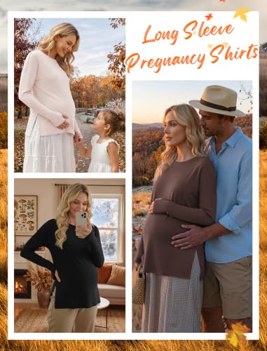 3 Pack Women Maternity Shirts Long Sleeve Pregnancy Tops with Thumb Hole - color: Black/Brown/Beige, size: Small