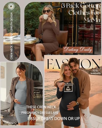 Riyiper 3 Pack Women's Long Sleeve Maternity Dresse - color: Black, Light Gray, Coffee, size: Small