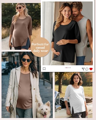 3 Pack Women's 3/4 Sleeve Maternity Loose Crewneck Tops - color: Coffee, White, Black, size: Small