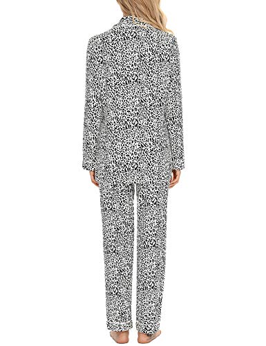 Anjue Pajamas For Women Set Long Sleeve Button Up Sleepwear Soft Pjs - color: Black Leopard, size: X-Large