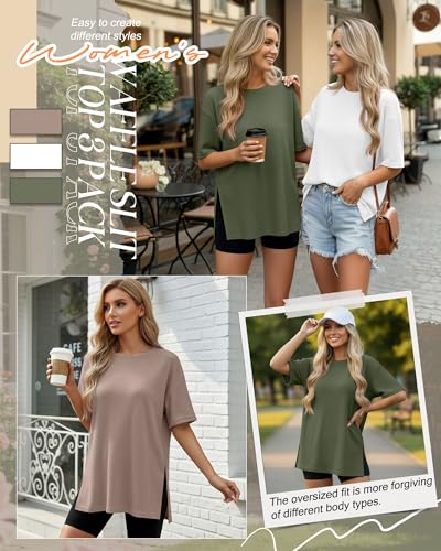 3 Pack Womens Oversized Waffle Knit Tops - color: Army Green, White, Khaki, size: Large