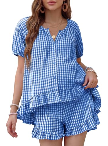BLENCOT Maternity Clothes 2 PCS Gingham Cotton Pregnancy Pajamas Short Sets - color: Blue, size: Medium